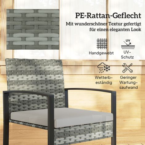 Set de jardin en rotin 3 pièces, 2 chaises de terrasse + table basse, coussins gris clair amovibles (1/4)