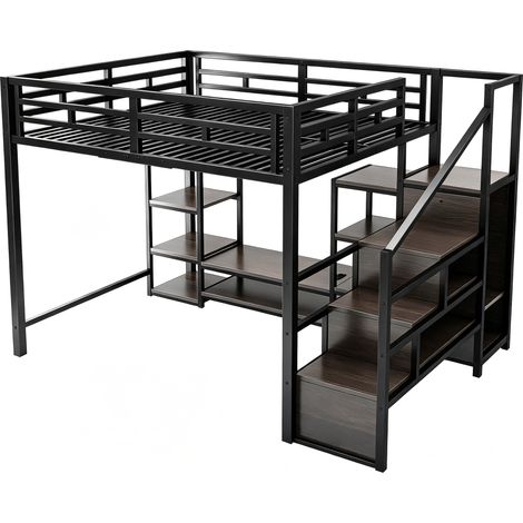 Hochbett 140x200 cm schwarz mit TV-Halterung, Steckdose und Stauraumtreppe aus Metall und MDF (1/5)