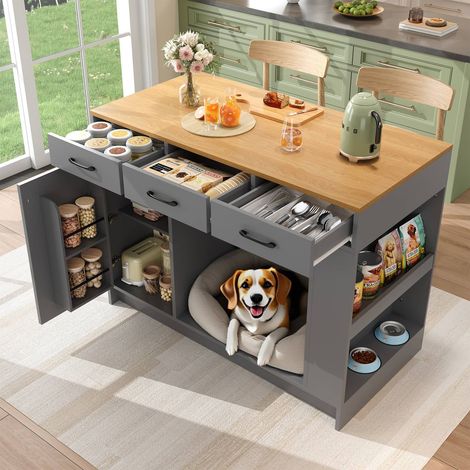Îlot cuisine gris 120x60x90 cm 3 tiroirs étagère épices réglable double casier espace repas (1/5)
