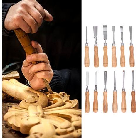 12 Pièces Outils de Sculpture sur Bois Lames CRV Manche en Bois Ciseaux à Graver pour Artisanat DIY (1/5)