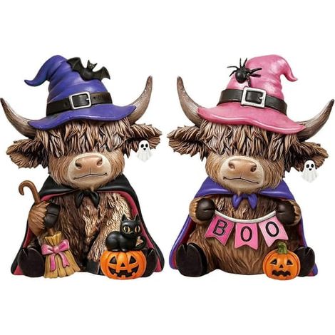 Lot de 2 figurines de vaches Highland, statue de vache fantôme citrouille d'Halloween avec chapeau de sorcière, en bois. (1/5)