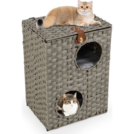 COSTWAY Rattan Cat House for Indoor 2-Tier Cat Condo w/ Cushions-Grey (1/5)