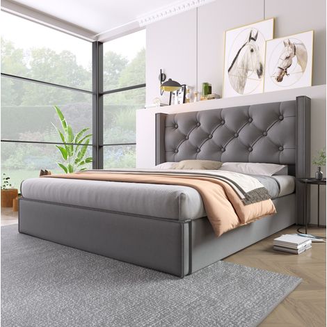 Lit coffre 160x200 cm avec sommier, coton gris HAVRYA (1/5)
