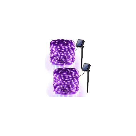 Lot de 2 Paquets Halloween Guirlande Lumineuse Solaire, 12M 100 LED Guirlande Fil de Cuivre Solaire Extérieur Violet Étanche 8 Modes Lumière Solaire Décoration pour Terrasse Arbres Horreur Fête