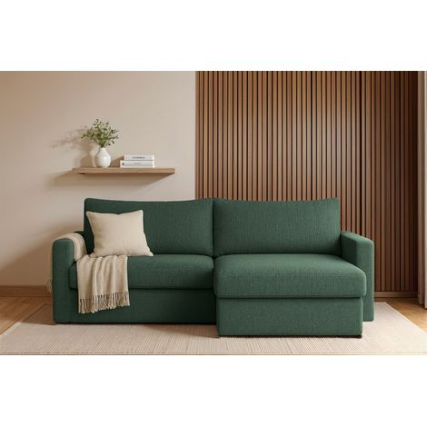 Ecksofa Sofa mit Schlaffunktion BENDIK Stoff Faro Flaschengrün Ottomane Rechts (1/3)