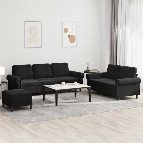 Ensemble canapé 3 pièces avec coussins, velours noir, 2 et 3 places avec repose-pied, 58.45kg - PANGIVO (1/5)