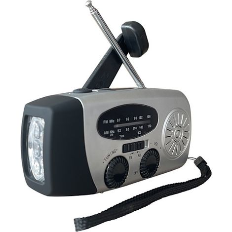 Radio d'urgence solaire avec lampe torche, manivelle et batterie externe (argent). (1/5)