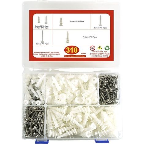 Set de 310 Chevilles et Vis,Plaque de Plâtre, Kit Universel d'Expansion de Chevilles en Plastique et de Vis à Bois Auto-taraudeuses(310pièces) (1/5)