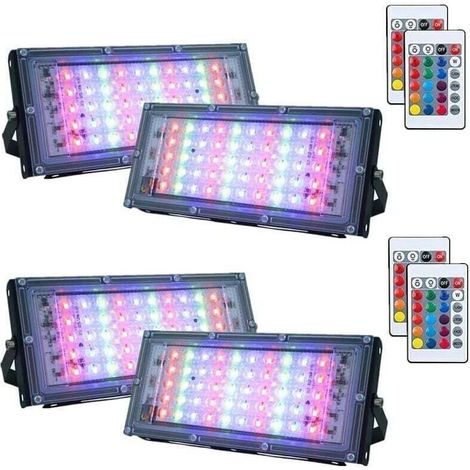 Lot de 4 projecteurs LED RVB 50WÉtanches IP66 avec télécommande16 couleurs4 modes d'éclairageInstallation flexible