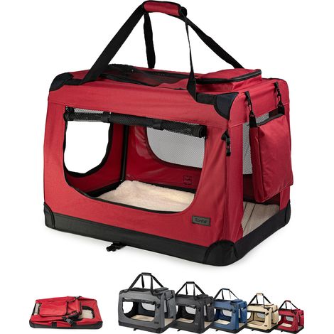 lionto Stoff-Katzentransportbox faltbar, belüftete Transportbox mit Reißverschluss-Zugängen & weichem Innenkissen, 50x34x36 cm, dunkelrot