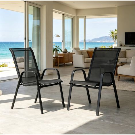 Chaises de jardin empilables dossier haut, métal et polyester, lot de 2, gris foncé (1/5)