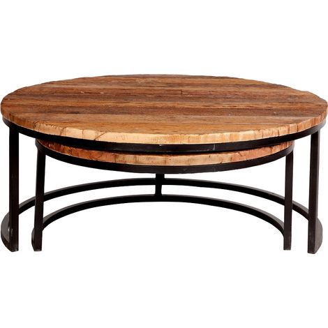 Round Railway Sleeper Set of 2 Coffee Tables - Metal - L90 x W90 x H40 cm (1/2)