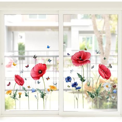 Flower Window Sticker Decorative Anti Collision Stickers Dragonfly Butterfly Green Leaves Stickers Anti-Adhesive Glass Window 30 x 54cm
