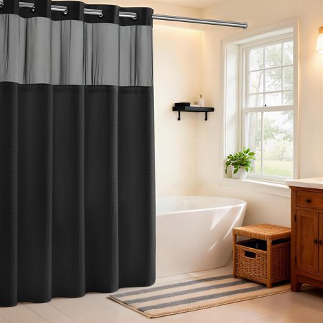 Rideau de Douche à Tissage gaufré avec Doublure à Clipser – 180 x 188 cm (l x H), Rideau de Bain, Noir (1/5)