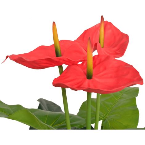 Plante artificielle Anthurium avec pot tronc en bois véritable fleurs rouge et jaune 90 cm (1/2)