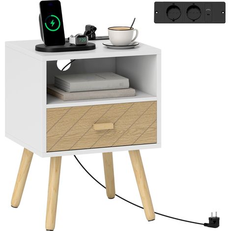 Beyamis Nachttisch mit Ladeschublade, 2 Steckdosen, USB-C-Anschluss, offenem Fach, Holzbeinen, weiß