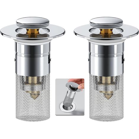 Lot de 2 bouchons d'évier avec filtre à cheveux, crépine, filtre escamotable avec panier amovible en acier inoxydable, filtre à cheveux pour bouchon d'évier américain