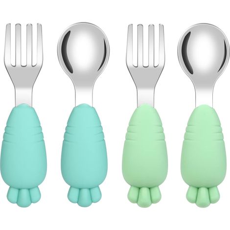 Ensemble fourchette et cuillère pour bébé, 4 pièces, en acier inoxydable facile à prendre en main, idéal pour l'apprentissage des tout-petits. (1/5)