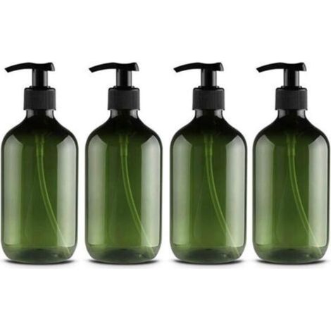 Set of 4 plastic pump bottles for pet lotion, shampoo, shower gel, hand cream, 500 ml, green and brown