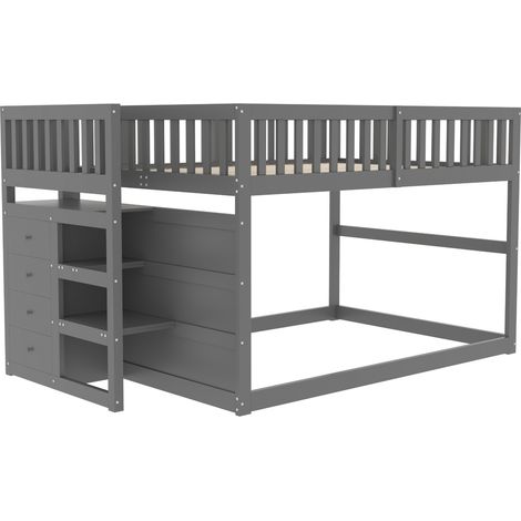 Lit superposé bas 140 x 200 cm avec escalier de rangement et hautes barrières en bois gris MODENUIT (1/5)