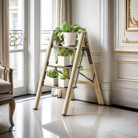 Escabeau pliant 3 marches en aluminium doré 65 x 45 x 82 cm antidérapant pour la maison - CHICFURN (1/5)