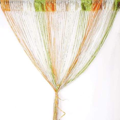 Rideau de Porte, Argent décorative Rideau à Cordes 100 x 200 cm Panneau Mural Fenêtre Porte Salle de Frange, ideau de Porte à Fils, moustiquaire, divise-pièce, Mariage (Vert Orange Champagne Beige) (1/5)