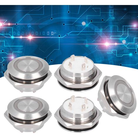 Verkauft in 5er-Packs: 19 mm ultrakurze Metall-Drucktaster mit LED, selbstrückstellend, Momentbetrieb, ultradünn, wasserdicht, DC36V, grün. (1/5)