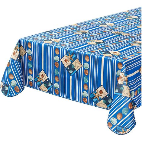 Tovaglia Antimacchia Cucina Conchiglie Mare Bordata Cotone Plastificato Proteggi Tavolo Copritavolo Blu - 135x180 cm