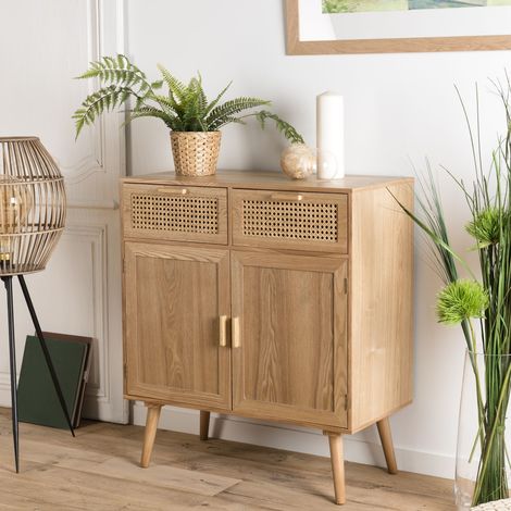 Macabane – Buffet en bois cannage couleur naturelle 2 tiroirs 2 portes – Dimensions 75 x 38 x 85,5 cm – Style vintage et tendance (1/5)