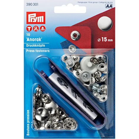 10 boutons-pression ANORAK, 15 mm, couleur argent, antirouille, force de fermeture moyenne, avec outil (1/3)