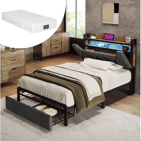 Letto singolo 90x200 cm grigio in lino con materasso, LED, ricarica USB-C e cassetto (1/5)