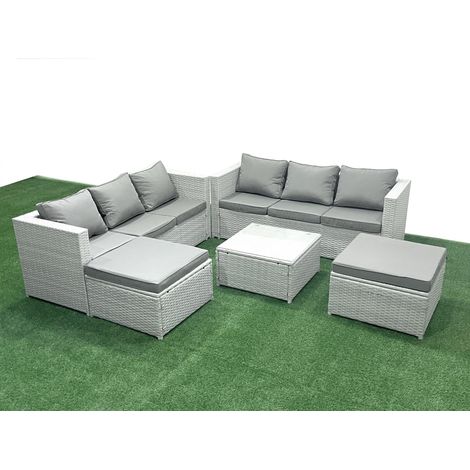 Fimous Rattan Garden Outdoor Furniture Set 8 Seater Rattan Garden Sofa Set with 2 Big Footstools Light Grey Mixed (1/5)