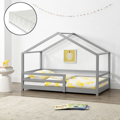 Cama para niños Knätten - Casita - con colchón, reja y somier - pino 90 x 200 cm - Gris claro mate [en.casa] (1/5)