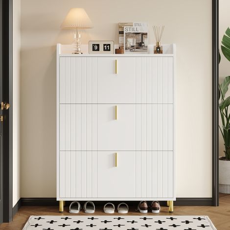 Schuhschrank mit 3 Klappen, 6 Fächern, weiß, MDF, 80 x 23,5 x 123,5 cm, OKMYHOME (1/5)