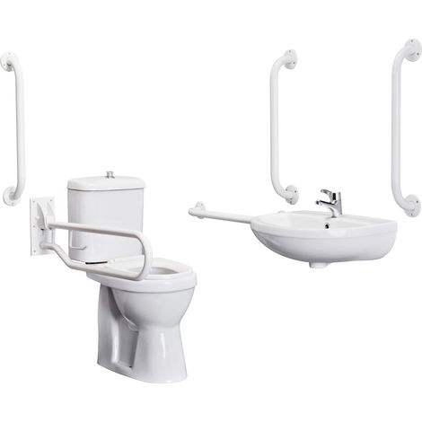 Pack - Comfort Height Toilet Pan with Cistern & Seat, Wall Mounted Basin + Tap, 5 Grab Rails & Drop Down Rail - White by Balterley