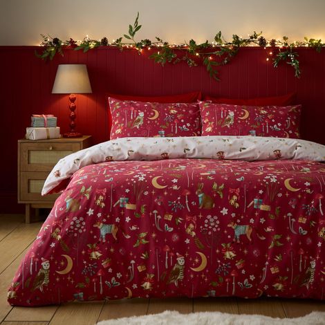 Parure de lit Simple avec Housse de Couette Motif crépuscule enchanté de Noël Rouge (1/4)