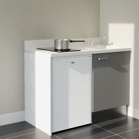 Kitchenette K08L - 120 cm - plan monobloc évier intégré Snova- évier à droite - Façades Gris + Electroménager inclus coloris Blanc