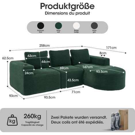 Canapé 2 places moelleux 265cm, 3 coussins (plumes + 2 porte-verres plastique) - canapé compact parfait pour petit salon, appartement ou bureau