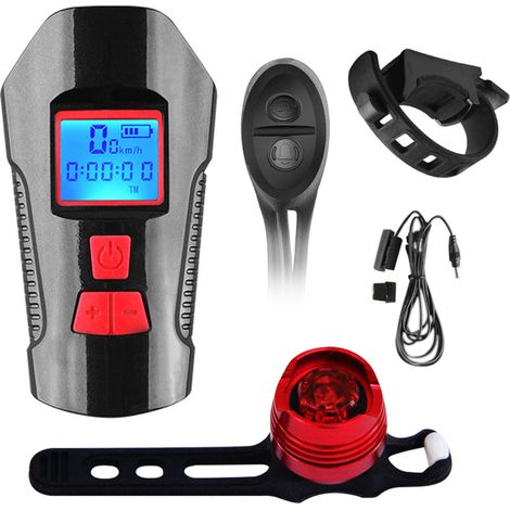 USB-wiederaufladbares multifunktionales LED-Fahrradbeleuchtungsset, bestehend aus Vorder- und Rücklicht, 5 Anzeigemodi, 6 Hupentypen, 4 Vorderlichtmodi und 3 Rücklichtmodi. (1/5)