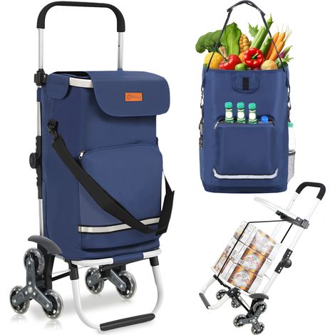 Sekey Chariot de courses pliable 3-en-1 – aluminium – sac étanche avec compartiment isotherme – 6 roues monte-escalier – bleu (1/5)