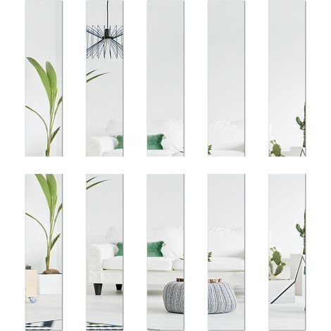 Lot de 10 miroirs en verre - 5 x 20 cm chacun - Carreaux de miroir - Décoration murale - Autocollants rectangulaires - Effet 3D - Miroir mural autocollant - Bricolage sans cadre - Argenté (1/5)