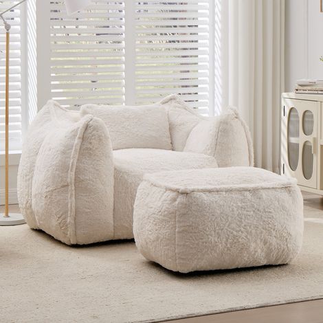 Canapé Pouf Lounge avec Repose-Pieds, Fauteuil Relax en Fausse Fourrure, Garnissage Mousse, Sans Montage (1/5)
