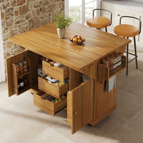 Îlot mobile cuisine 142,5x40-80x95cm avec plateaux rabattables tiroirs roulettes verrouillables - mdf - marron foncé (1/5)