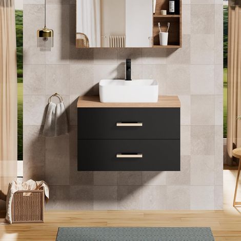 UEV Mobile Bagno 80CM con Lavabo in Stile Rustico,Lavandino con Mobiletto da Parete, Mobiletto Bagno Sospeso Impermeabile e Resistente, Nero