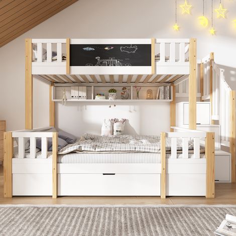 Etagenbett 253x145x150 cm Weiß und Natur aus Holz und Metall mit Kreidetafel, Stauraumtreppe und Schubladen (1/5)