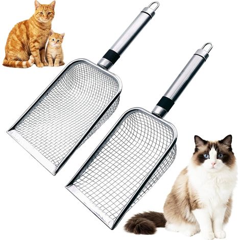 Pelle à litière pour chat (2 pièces), poignée en acier inoxydable, passoire à mailles de 3,8 mm et 5 mm, convient à tous les bacs à litière pour chat et litière agglomérante (1/5)