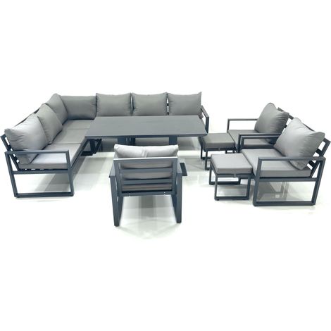 Fimous Aluminum Outdoor Garden Furniture Set Corner Sofa 3 Chair 2 Small Footstool Adjustable Rising Lifting Dining Table Sets Dark Grey (1/5)