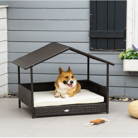 Niche pour chien en rattan 98x69x70 cm marron, avec coussin, pour jardin moderne FloraGrace (1/5)