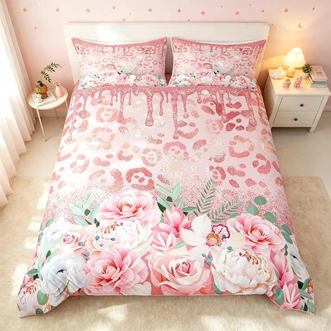 Parure de lit pour enfant avec housse de couette et 1 taie d'oreiller - Imprimé léopard rose - Taille S - Pour filles garçons et adultes - Motif léopard rose (1/5)