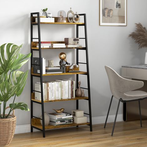 Schräges Bücherregal im Industriestil mit 5 Ablagen, 70 x 35 x 150 cm (L x B x H)